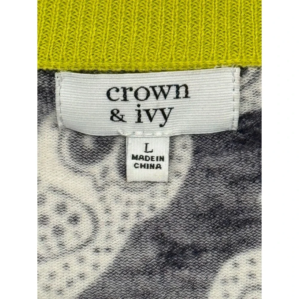 Crown Ivy Owl Print Cardigan Sweater Lime Green and Navy blue Trim Size‎ L